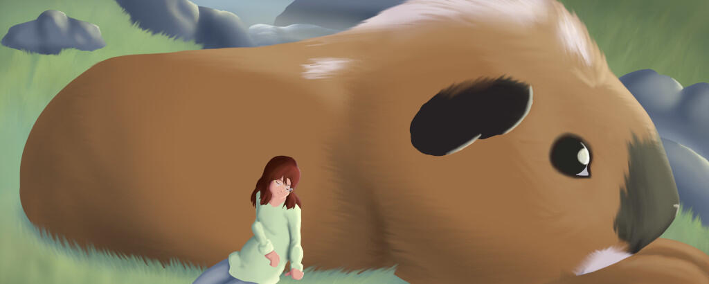 A very large guinea pig, against which a woman is sleeping